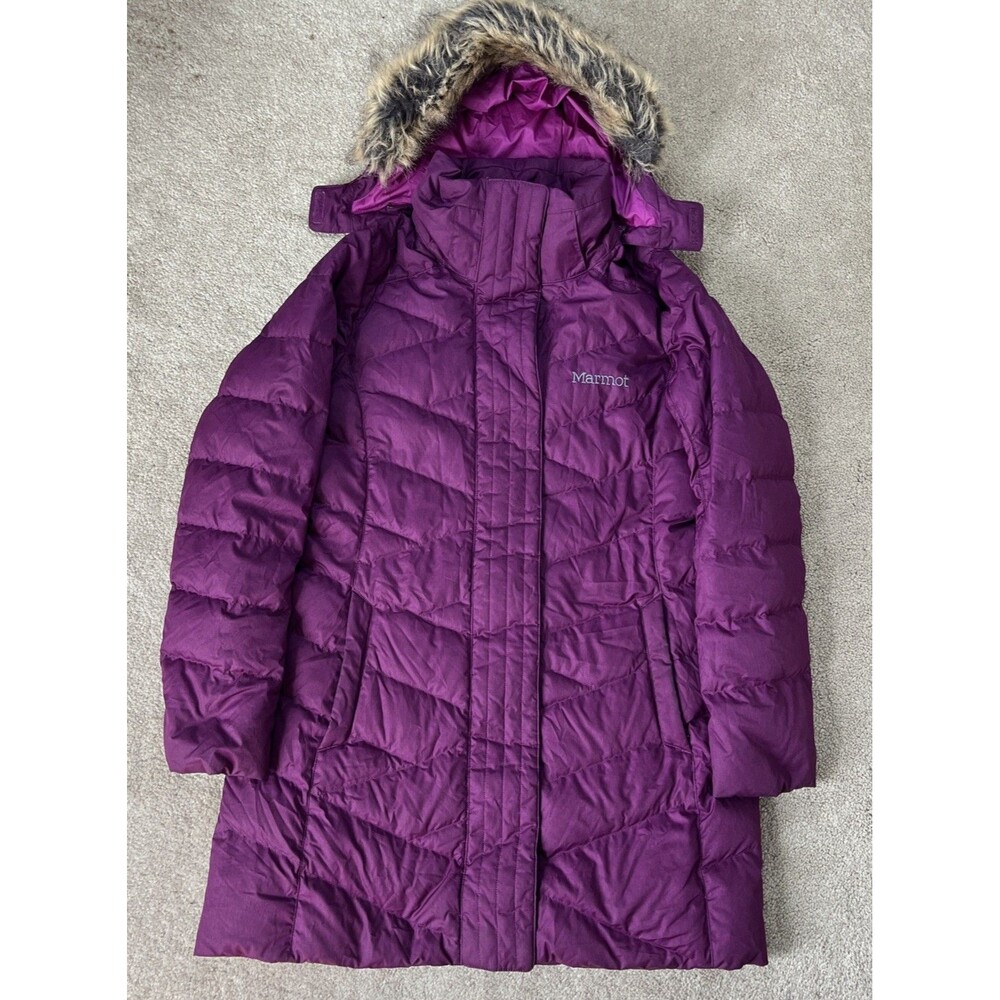 Marmot Down Puffer Jacket Womens Medium Purple 700 Fill Hooded Fur Trim Coat